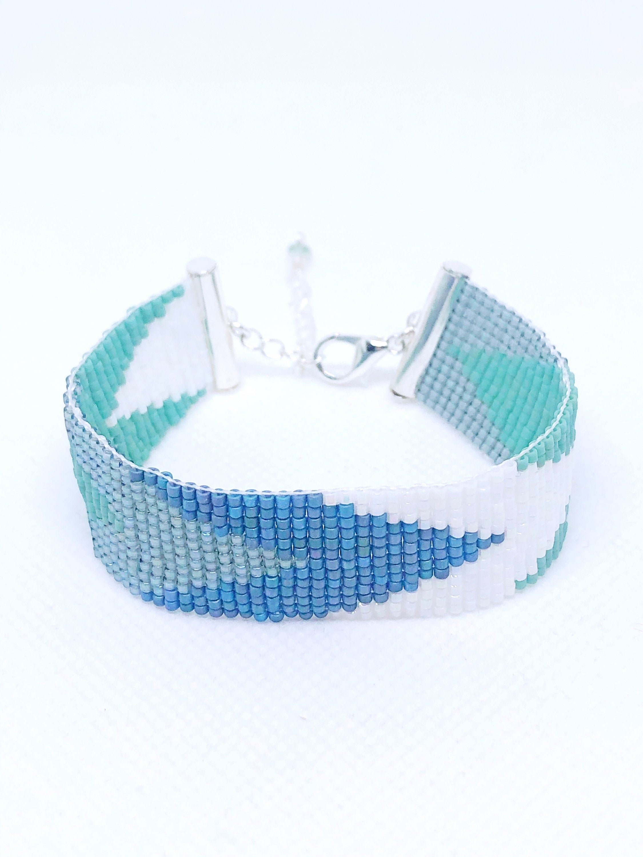 Turquoise bead loom bracelet. Chevron bracelet white. Beaded cuff bracelet. Bead woven bracelet. popular Statement jewelry bridesmaid gift. bohemian