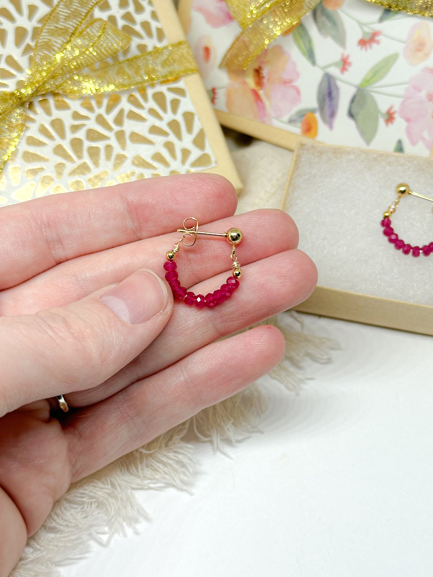 Birthstone hoop earrings July - ruby