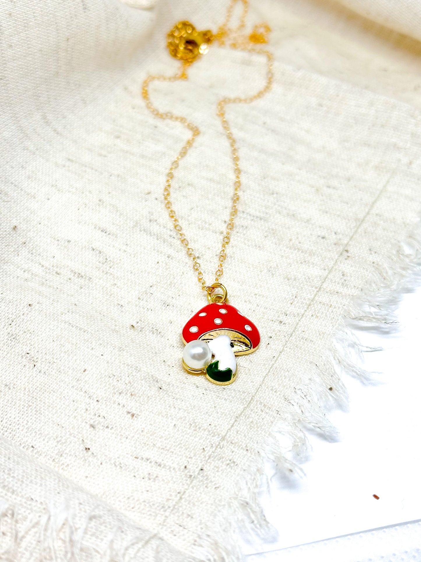 Mushroom necklace pendant with pearl