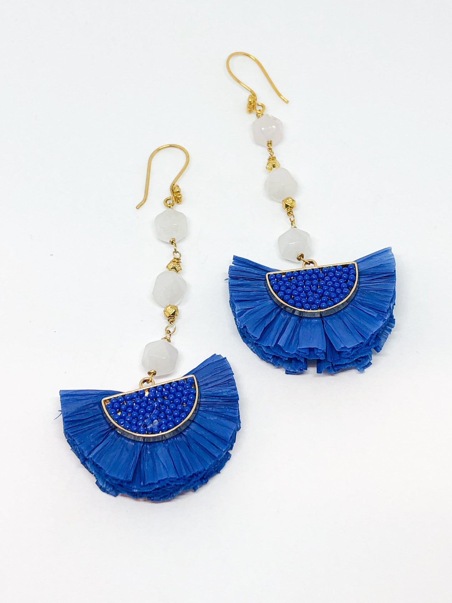 Bold statement earrings in royal blue with light pink rose quartz gemstones