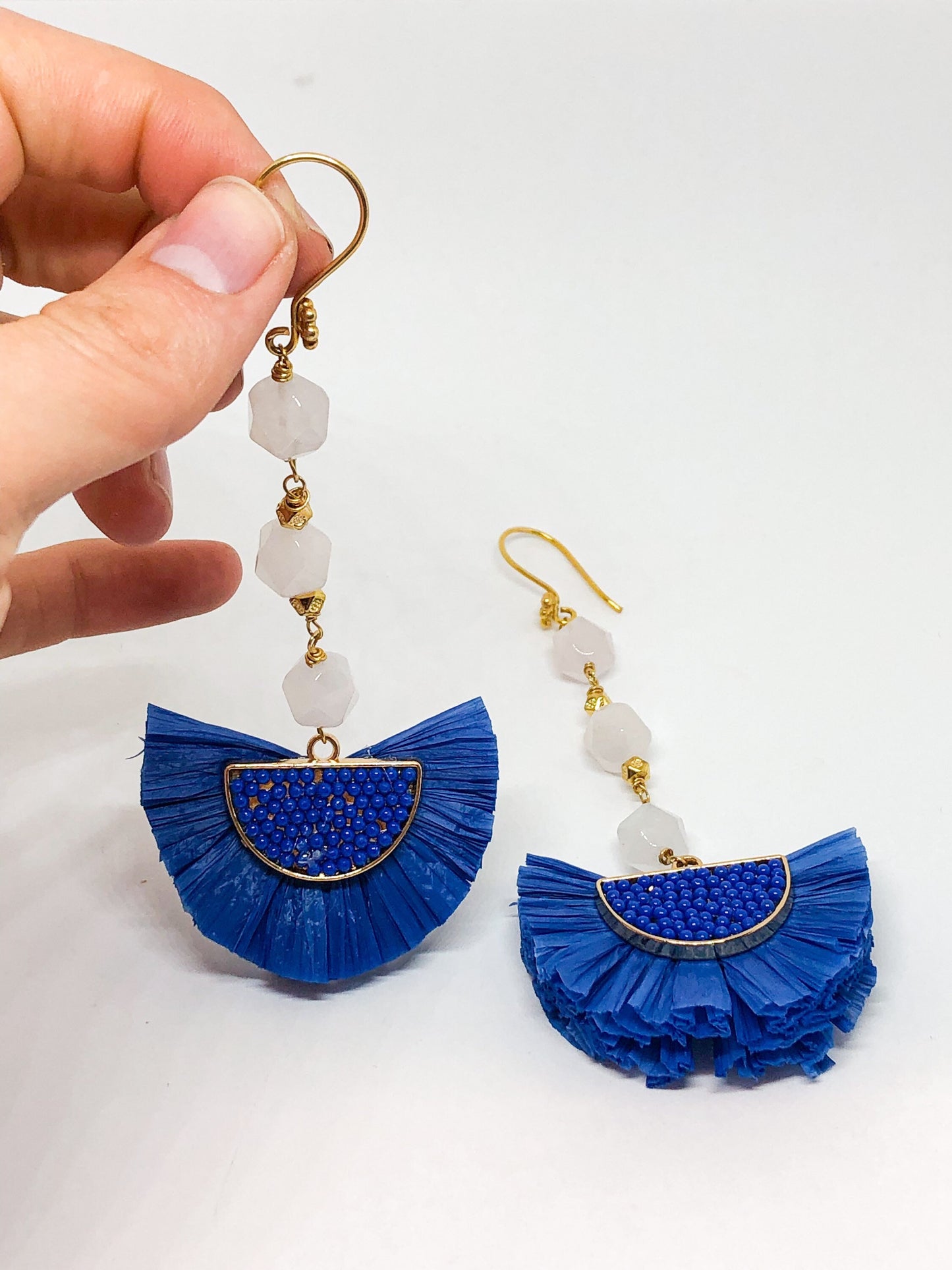 Bold statement earrings in royal blue with light pink rose quartz gemstones