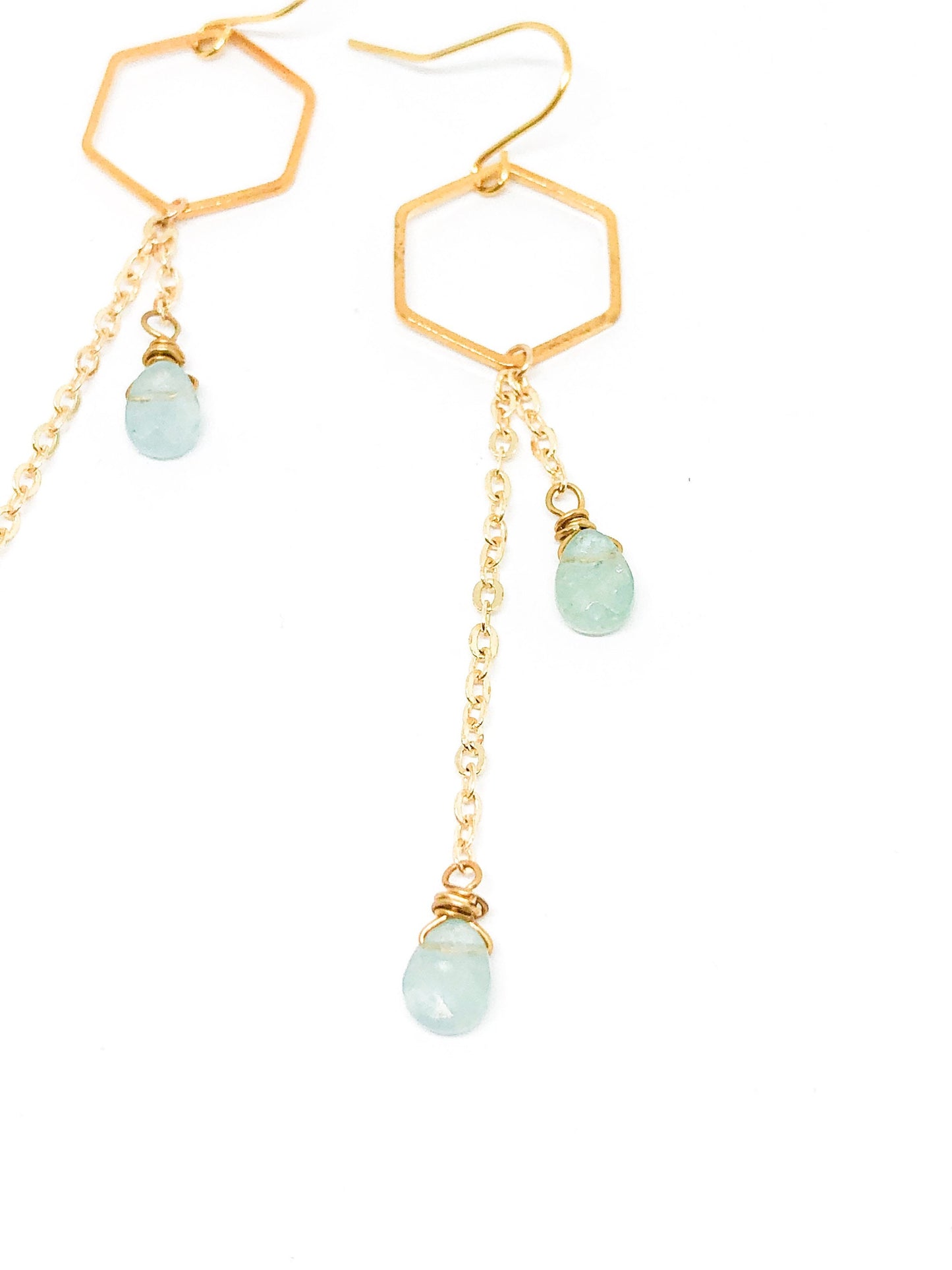 Aquamarine statement earrings with hexagon gold piece