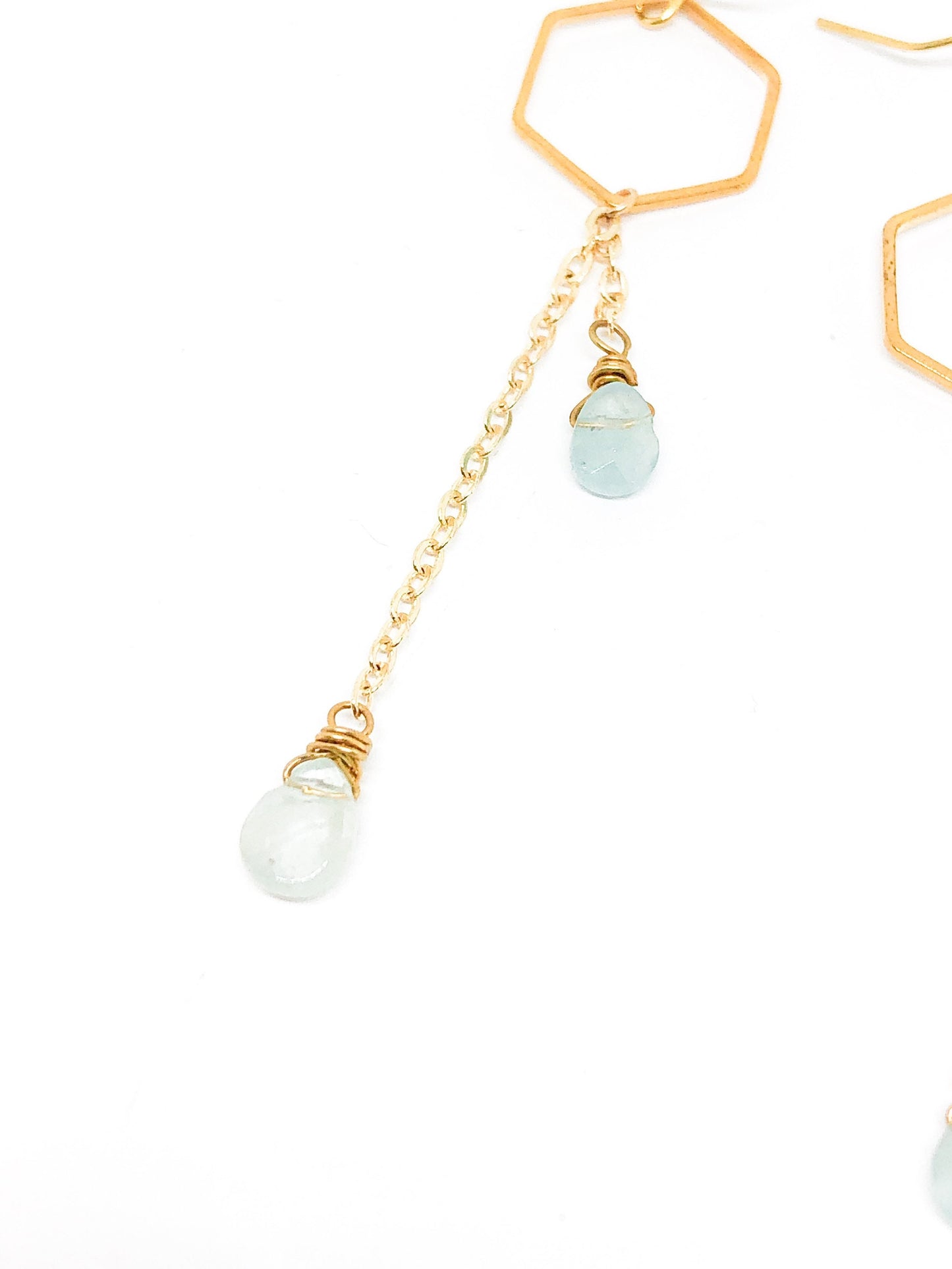 Aquamarine statement earrings with hexagon gold piece