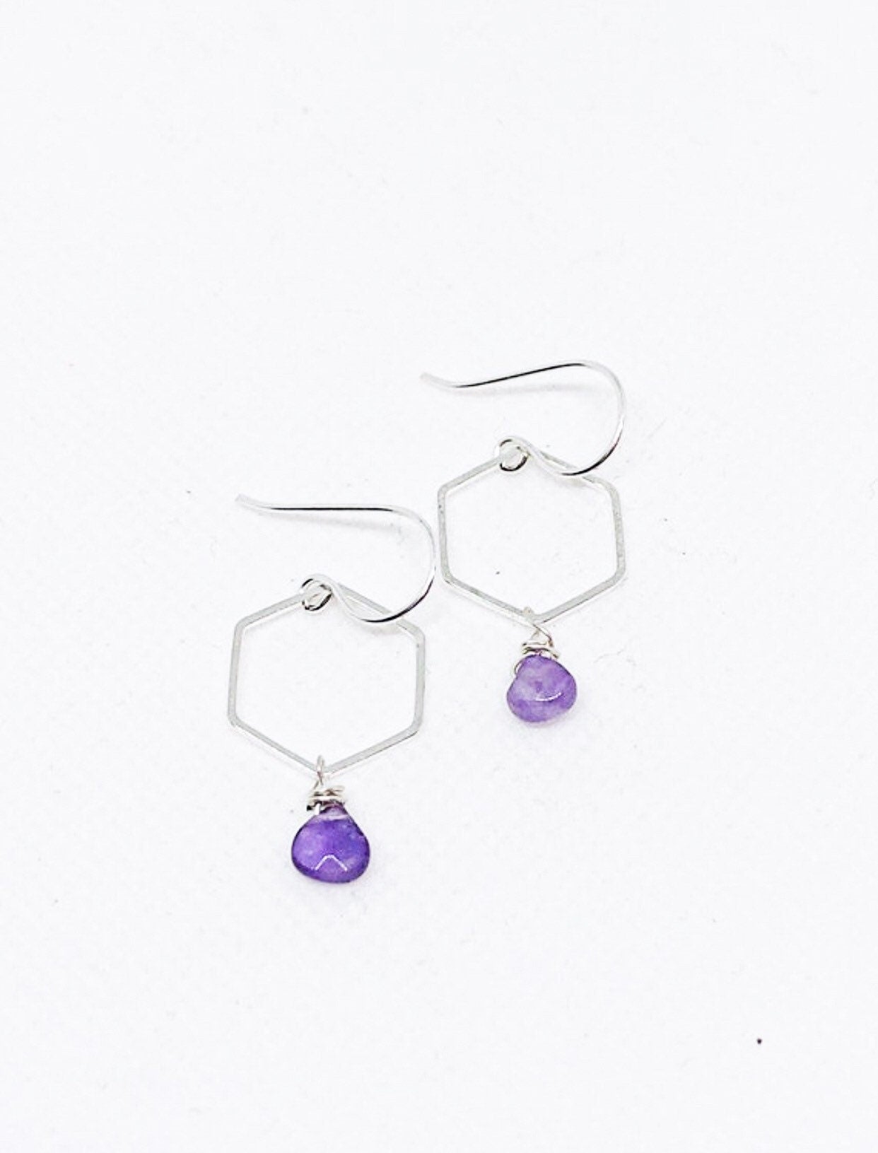 Amethyst teardrops and silver hexagonal earrings