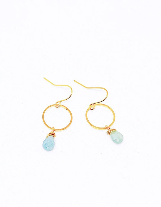 Aquamarine teardrop gemstone earrings with gold circle