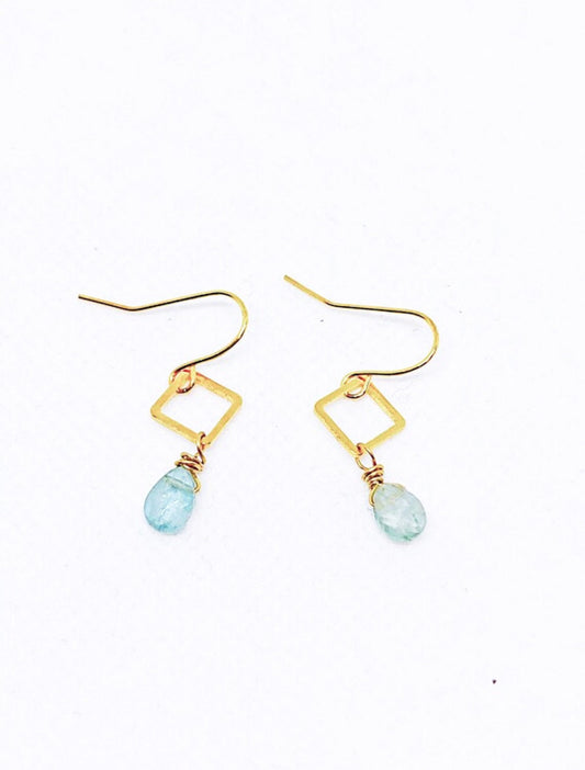 Blue aquamarine gemstone earrings with gold diamond