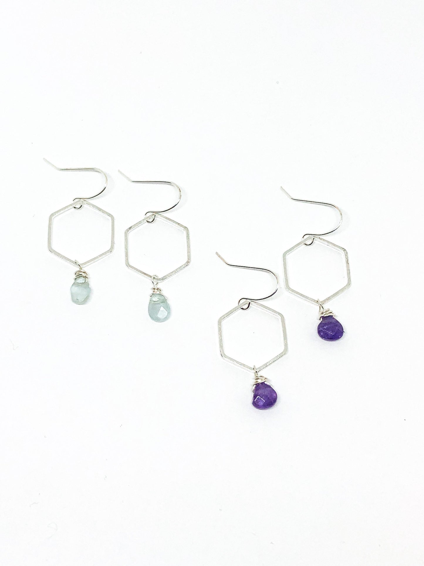 Amethyst teardrops and silver hexagonal earrings