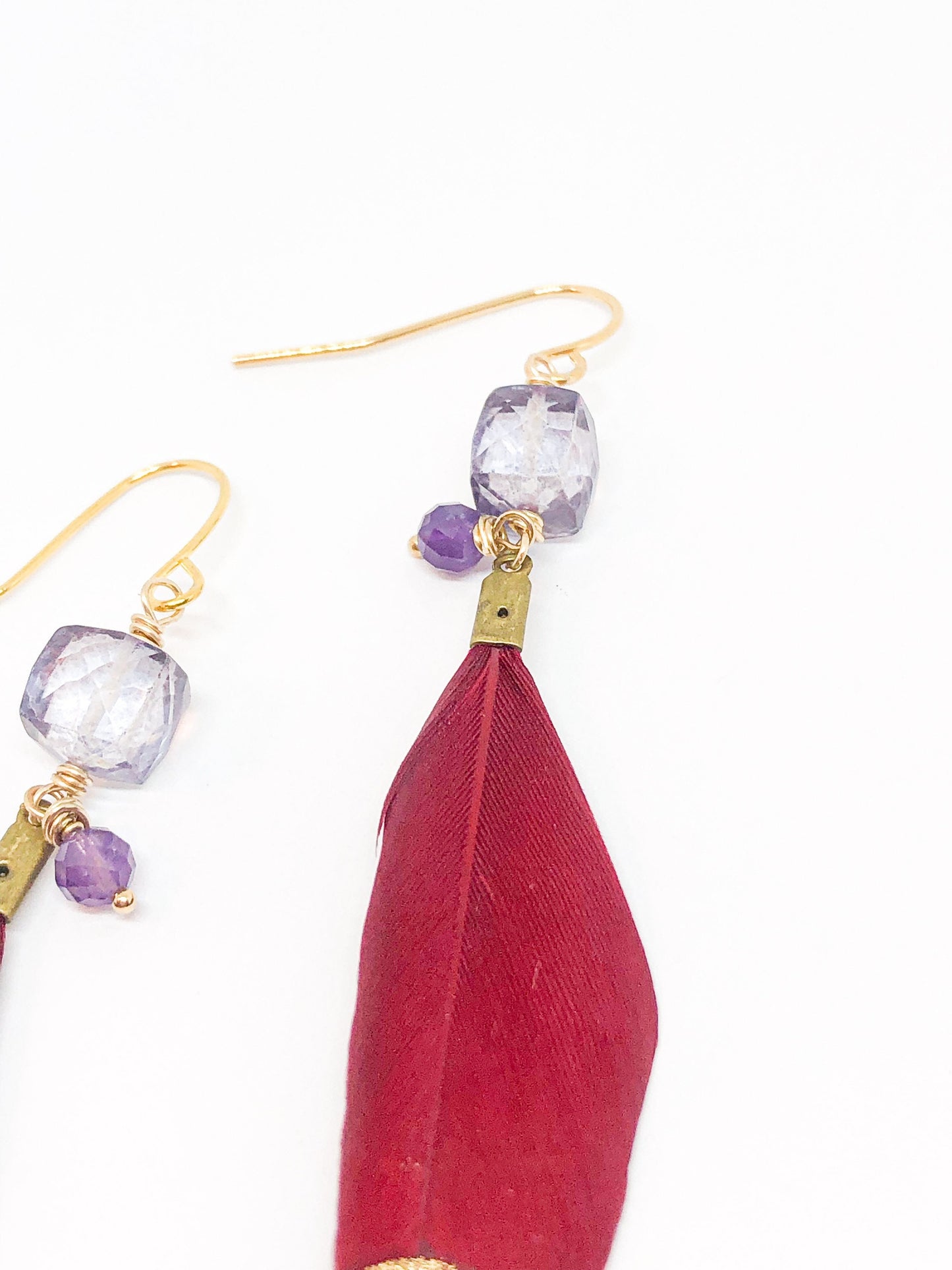 Purple quartz and red feather earrings