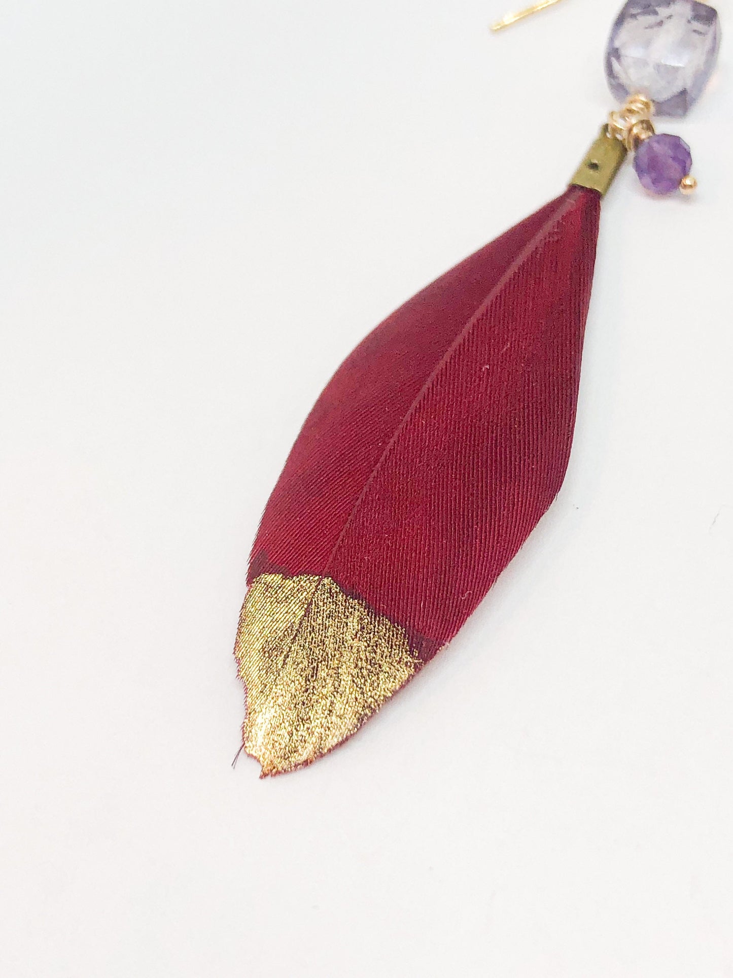 Purple quartz and red feather earrings