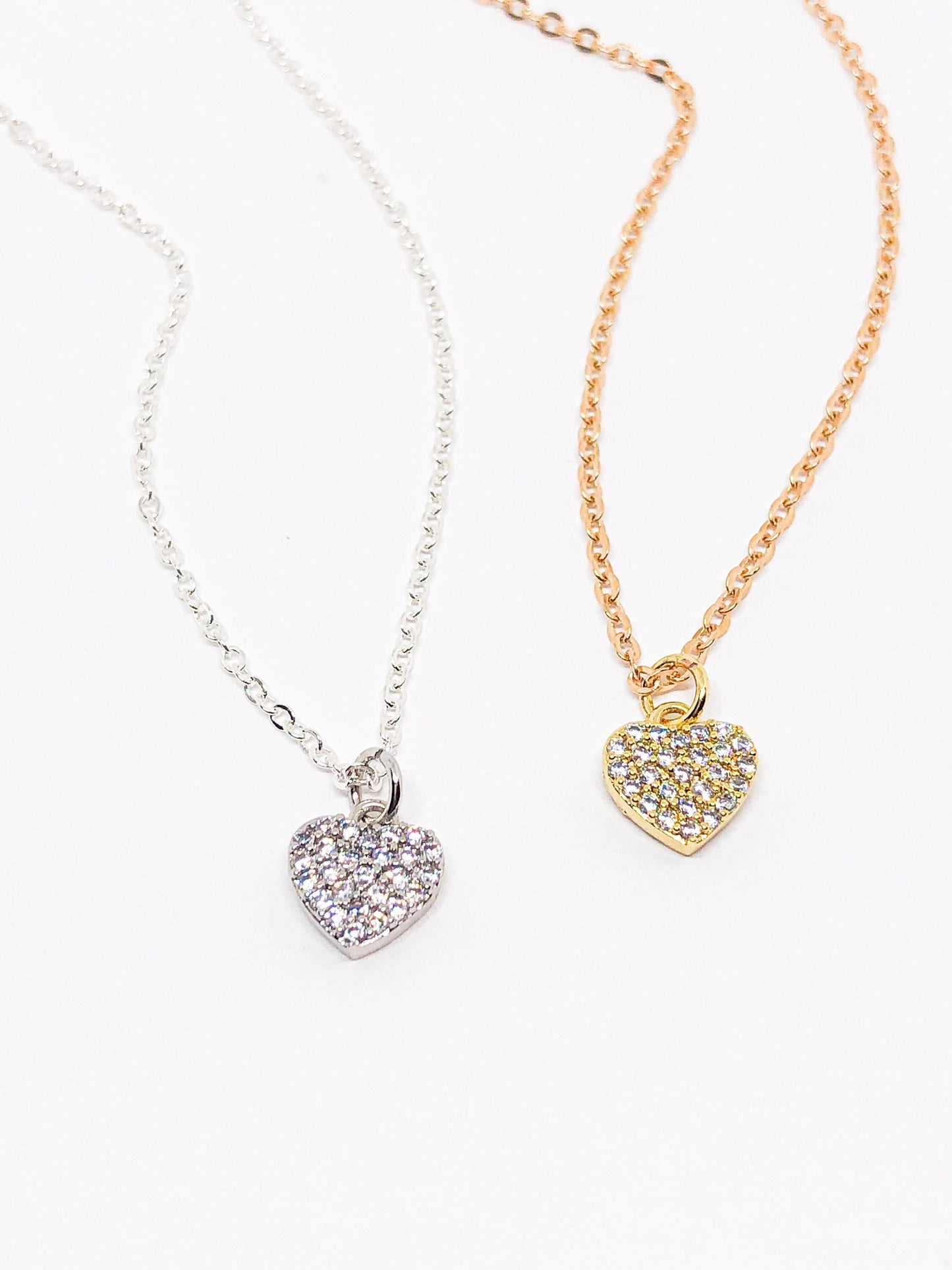 Rhinestone heart necklace in silver and gold