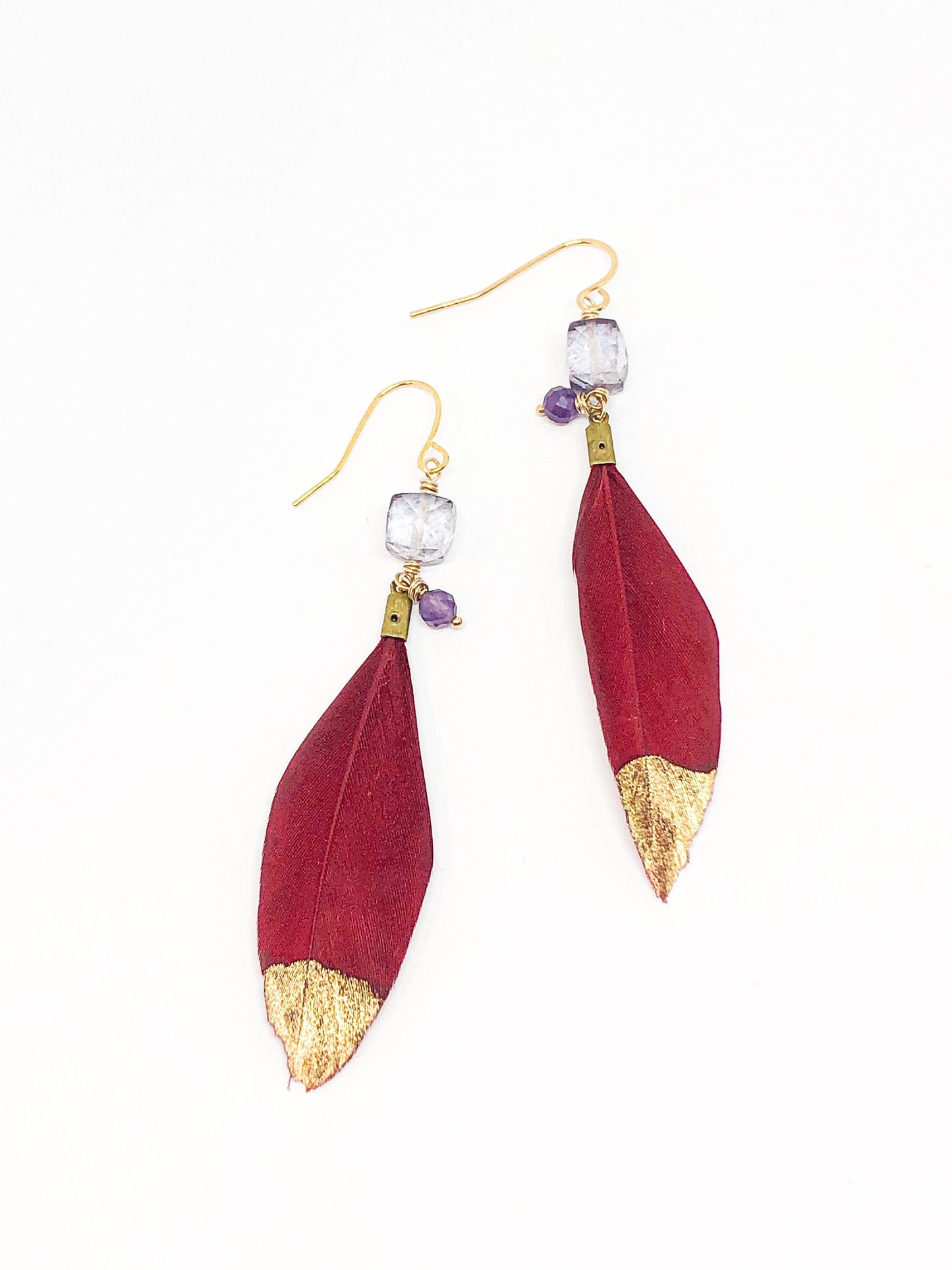 Purple quartz and red feather earrings