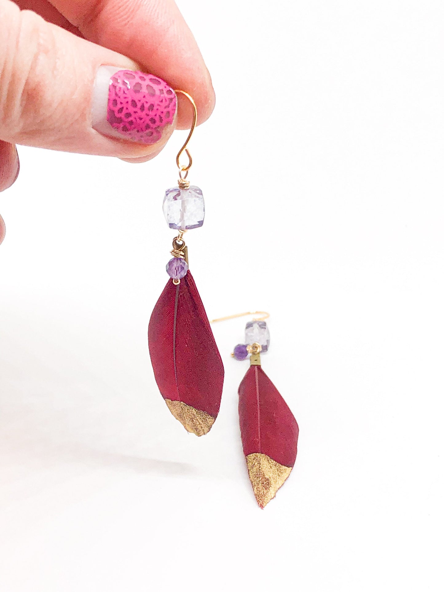 Purple quartz and red feather earrings