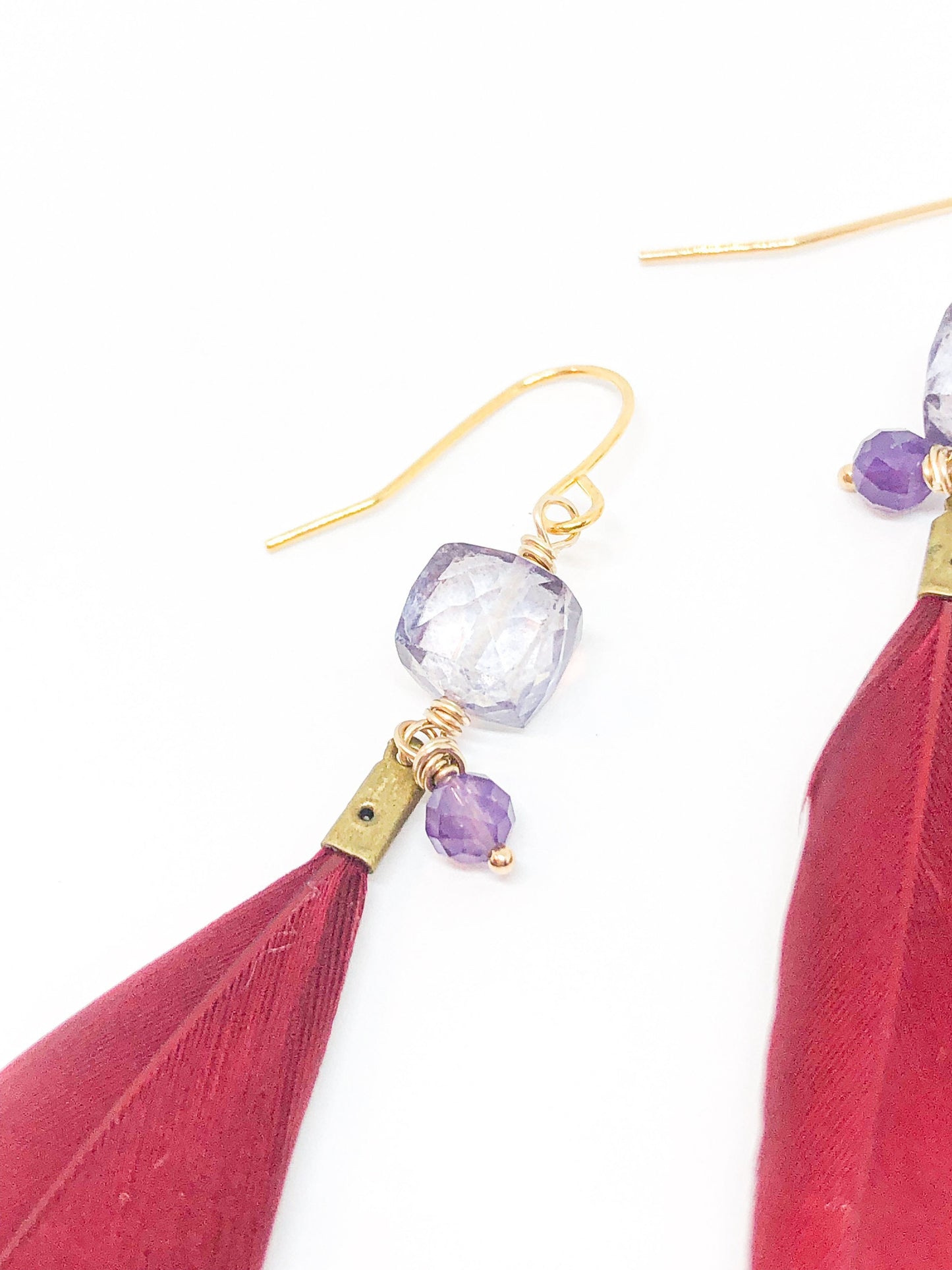 Purple quartz and red feather earrings